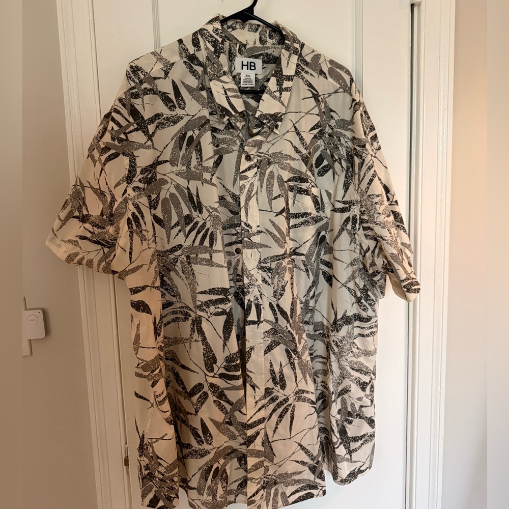 Big and Tall Harbor Bay Black and Cream Leaf Print Casual Button Down Shirt